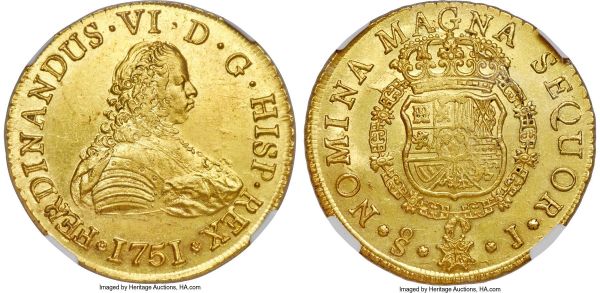 Lot 30216 > Ferdinand VI gold 8 Escudos 1751 So-J MS62 NGC, Santiago mint, KM3, Fr-5, Cal-72, Onza-644. A lovely piece bordering on choice, lightly Prooflike fields alive with watery golden luster, a touch of weakness on the high points but overall fresh and appealing. Ex. Aureo & Calicó Auction 268 (June 2015, Lot 108); Sotheby's (March 1983, Lot 154/4). Includes original Aureo & Calicó auction tag