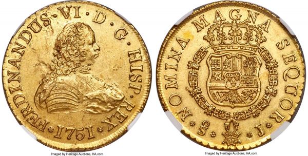 Lot 30217 > Ferdinand VI gold 8 Escudos 1751 So-J MS60 NGC, Santiago mint, KM3, Fr-5. A highly engaging example that displays a combination of scintillating luster and a thin layer of airy tone that creates a semi-matte appearance over the central regions of the golden fields. A small number of shallow planchet imperfections are noted to the obverse, though these in no way detract from the charm that this selection offers. 