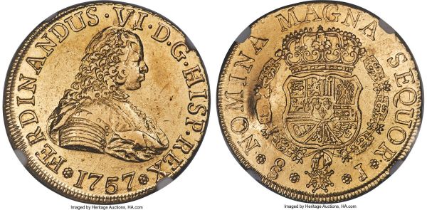 Lot 30218 > Ferdinand VI gold 8 Escudos 1757 So-J AU53 NGC, Santiago mint, KM3, Fr-5. Luminous throughout its yellow-gold surfaces, with a distinctive and particular brilliance embracing the legends, these framing well-rendered devices illustrating admirable detail even considering the piece's time in circulation. By all means a worthy example of the type for even the conditionally discriminating collector seeking a circulated specimen for their collection. 