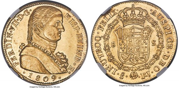 Lot 30219 > Ferdinand VII gold 8 Escudos 1809 So-FJ MS62 NGC, Santiago mint, KM72, Fr-28. Military bust type. Almost perfectly centered on a bright golden flan, the devices showcasing great precision down to even the smallest intricate details in Ferdinand's hair. The result is a highly charming example of this popular issue, one that further distinguishes itself as tied for second-finest seen across both NGC and PGCS to-date. 