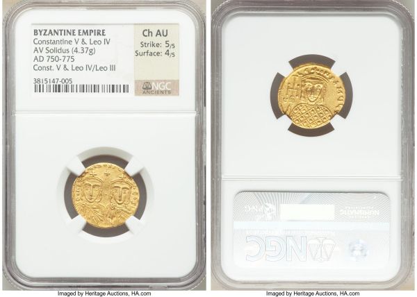 Lot 32190 > Constantine V Copronymus (AD 740/1-775), with Leo IV. AV solidus (19mm, 4.37 gm, 6h). NGC Choice AU 5/5 - 4/5. Constantinople, AD 757-775. COhSTAhTInOSS LЄOn O nЄOS, crowned and draped facing busts of Constantine V (on left) with short beard, and Leo IV (on right), beardless, both wearing chlamys pinned at right shoulder; cross above between their heads, pellet in center / G-LЄ-ON PA MЧL Φ, crowned facing larger bust of Leo III, with short beard, wearing loros, cross potent in right hand. Sear 1551. DO 3.1, 2g.1.