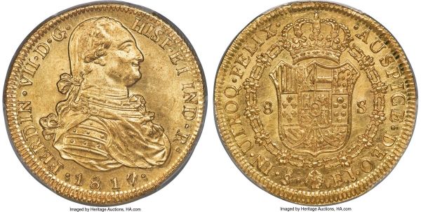 Lot 30220 > Ferdinand VII gold 8 Escudos 1817/8 So-FJ MS62 PCGS, Santiago mint, KM78, Fr-29. A delightfully lustrous selection of this known 7/8 overdate variety showcasing soft peach reverse tone over consistently watery fields. Well-struck and highly charming for the type. 