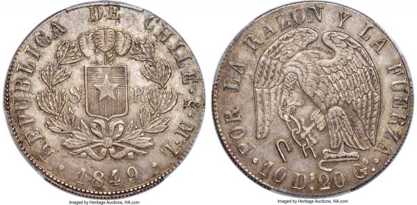 Lot 30221 > Republic 8 Reales 1849 So-ML MS63 PCGS, Santiago mint, KM96.2. Uniformly toned, with silvery luster giving way to deeper accents along the legends to create an admirable framing effect against the well-struck devices. Tied for the second-finest example of the date yet certified across both NGC and PCGS combined, and worthy of close collector attention both for this fact and for its considerable visual appeal. 
