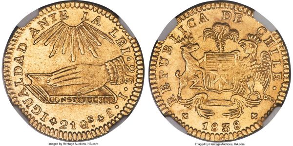 Lot 30222 > Republic gold 2 Escudos 1838 So-IJ MS63 NGC, Santiago mint, KM97. A choice Mint State offering of this highly collected 'hand on book' type, with just two examples graded higher within NGC and PCGS's databases. Lemon-gold in color, with satin cartwheel luster in abundance across the planchet, slight striking weakness in the centers but otherwise produced to an impeccable standard. 