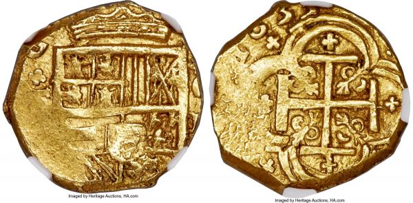 Lot 30228 > Philip IV gold Cob 2 Escudos 1633 C-E MS62 NGC, Cartagena mint, KM4.6, Cal-136. 6.80gm. A noteworthy Mint State offering showcasing velveteen surfaces untouched by circulation and marked by soft satiny luster throughout. The only example of this date currently certified by NGC, sold with tag numbered 