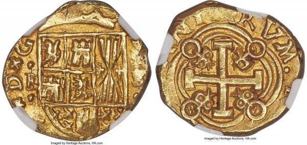 Lot 30229 > Philip V gold Cob 2 Escudos ND (1722-1732)-FS MS63 NGC, Santa Fe mint, KM17.2, Fr-8. 6.72gm. The crudeness of production and heavily circulation of this type most often excludes it from Mint State grades; as such, this crisp and warmly-colored specimen is remarkable for its limited handling and relatively central strike (though its flan is small).