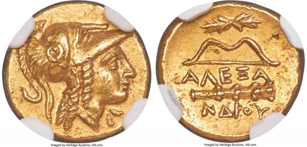 Lot 30023 > MACEDONIAN KINGDOM. Alexander III the Great (336-323 BC). AV quarter-stater (11mm, 2.15 gm, 5h). NGC Choice AU 5/5 - 4/5. Late lifetime-early posthumous issue of Amphipolis, under Antipater, ca. 325-319 BC. Head of Athena right, wearing necklace and triple-crested Corinthian helmet with short divergent crest ends pushed back on head, the bowl decorated with coiled serpent right, hair falling straight in three tight spiral curls and loose over left shoulder / AΛEΞA/NΔPOY, horizontal bow and club left, horizontal thunderbolt above. Price 165.  Ex Collection of Dr. Lawrence A. Adams (Classical Numismatic Group, Auction 100, 7 October 2015), lot 47; Pars Coins, private sale, September 2000  Unusual legend break. Price does not differentiate the legend breaks and positions on the reverse, but there are three known varieties: top to bottom N/Δ (most common); top to bottom A/N; and bottom to top N/Δ.