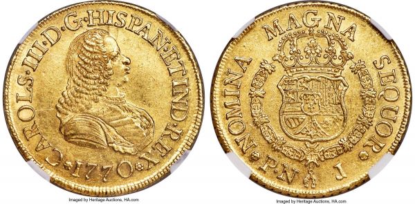 Lot 30230 > Charles III gold 8 Escudos 1770 PN-J AU58 NGC, Popayan mint, KM38.2, Fr-24. Featuring the usual die break on Charles's forehead, a select offering bordering on Mint State with pleasing reflective luster and only minor highpoint wear. 