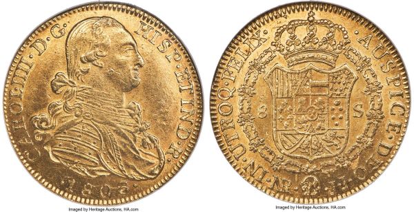 Lot 30231 > Charles IV gold 8 Escudos 1803/2 NR-JJ MS61 NGC, Nuevo Reino mint, KM62.1, Fr-51. A lovely Mint State representative of this scarcer overdate revealing honeyed tones over lustrous surfaces, the underlying digit 
