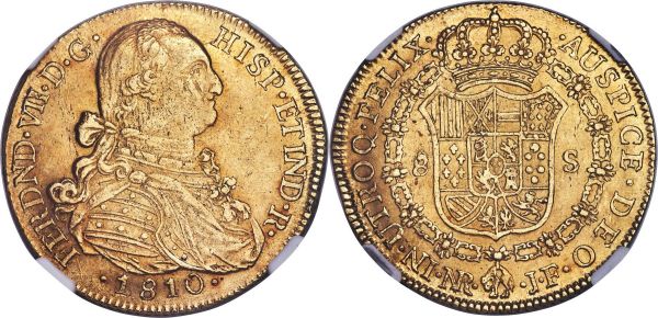 Lot 30232 > Ferdinand VII gold 8 Escudos 1810 NR-JF AU58 NGC, Nuevo Reino mint, KM66.1, Onza-1314. Lustrous, with any evidence of circulation capped at an absolute minimum, the strike typically on the lighter side though notably well-balanced throughout. 