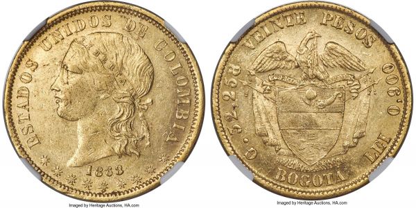 Lot 30233 > Estados Unidos gold 20 Pesos 1868-BOGOTA AU55 NGC, Bogota mint, KM142.1, Fr-99. A well-centered strike and glowing golden surfaces highlight the quality of this lightly circulated 20 Pesos, whose general quality of preservation makes it a clear target for the dedicated collector of Colombian gold. 
