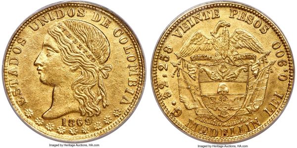 Lot 30234 > Estados Unidos gold 20 Pesos 1869/8-MEDELLIN AU58 PCGS, Medellin mint, KM142.2, Fr-101. On the precipice of Mint State, the fields glistening alluringly with golden luster and made yet more attractive by the relative lack of handling displayed, particularly considering any degree of circulation. A bold strike and 9/8 overdate complete the charm and academic interest. 