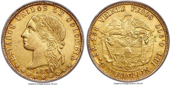 Lot 30235 > Estados Unidos gold 20 Pesos 1871-MEDELLIN AU53 PCGS, Medellin mint, KM154.2, Fr-101. A pleasing, lesser-circulated example displaying a lightly crackled surface texturing with the legends and peripheral regions decorated in attractive coppery accents.