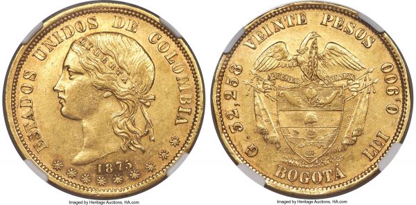 Lot 30236 > Estados Unidos gold 20 Pesos 1875-BOGOTA AU Details (Reverse Rim Filed) NGC, Bogota mint, KM142.1, Fr-99. A lustrous and minimally worn representative of this larger Colombian gold type showing only a small section of reverse rim filing near 8 o'clock to account for the grade assigned. 