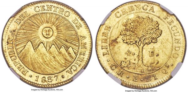 Lot 30238 > Central American Republic gold 4 Escudos 1837 CR-F UNC Details (Reverse Scratched) NGC, San Jose mint, KM16, Fr-2. A pale-yellow and lightly lustrous example of this iconic and immensely popular Latin American sunface type, displaying evidence of mishandling on the reverse via a group of parallel scratches in the lower right quadrant, but nonetheless quite desirable as a more attainable offering of this elusive issue. Lightly wavy reverse flan as typical for the type.