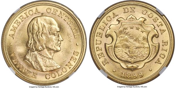 Lot 30239 > Republic gold 20 Colones 1899 MS63 NGC, KM141, Fr-19. A glowing golden example of the type, whose rich and satiny golden luster and full detailing combine to form an unmistakable Mint State appeal. 