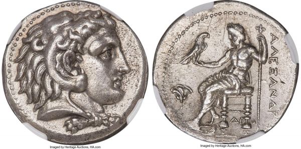 Lot 30024 > MACEDONIAN KINGDOM. Alexander III the Great (336-323 BC). AR tetradrachm (26mm, 17.08 gm, 11h). NGC Choice AU 5/5 - 3/5, Fine Style, scratches. Early Ptolemaic issue of Memphis (or Alexandria), under Ptolemy I Soter, as satrap, ca. 323/2-317/1 BC. Head of Heracles right, wearing lion skin headdress, paws tied before neck / ΑΛΕΞΑΝΔΡΟΥ, Zeus seated left on backless throne, right leg drawn back, feet on stool, eagle in right hand, scepter in left; rose in left field, ΔI-O below strut and in inner right field. Price 3971.  Ex Stack's Bowers & Ponterio (NYINC, 9 January 2015), lot 57  Tetradrachms of Alexander from the mint of Memphis, Egypt are widely regarded as stylistically the most beautiful in the series.