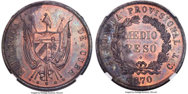 Lot 30241 > Provisional Republic copper Proof Pattern 1/2 Peso 1870 P-CT PR62 Red and Brown NGC, Potosi mint, KM-X4a. A scarce Pattern issue with hues of magenta and violet sweeping the surfaces, glossy save for a patch of matte texture on one side of the piece.