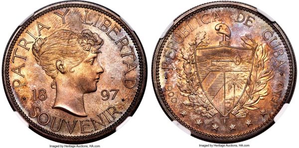 Lot 30242 > Republic Souvenir Peso 1897 MS66 NGC, KM-XM2. Type II with star below baseline and closely spaced date. A premier offering of this 