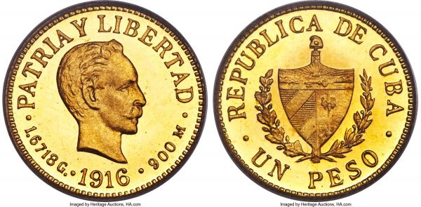 Lot 30244 > Republic gold Proof Peso 1916 PR67 Deep Cameo PCGS, Philadelphia mint, KM16, Fr-7. Mintage: 100. A true gem whose near-immaculate golden fields only serve to enhance the presentation of the satiny and crisp devices, these standing in perfect juxtaposition against one another to achieve an essentially flawless cameo contrast. Tied for finest certified by PCGS across all cameo and non-cameo designation variants, and doubtlessly destined for a high-end cabinet of conditional rarities.  From the Caranett Collection
