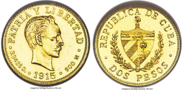 Lot 30245 > Republic gold Proof 2 Pesos 1915 PR63 NGC, Philadelphia mint, KM17, Fr-6. Mintage: 100. Choice Proof with limited handling marks in the exposed fields. A rare issue with a reported mintage figure of a scant 100 pieces, quite desirable in this engaging quality.