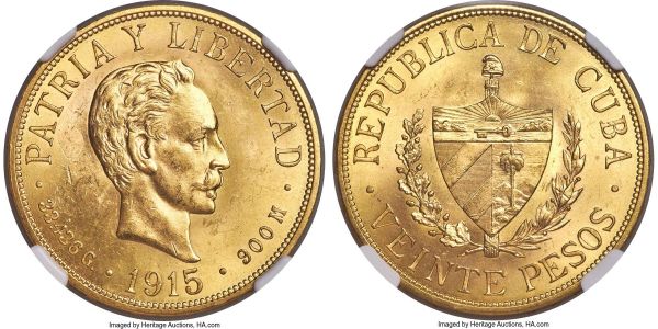 Lot 30246 > Republic gold 20 Pesos 1915 MS62 NGC, Philadelphia mint, KM21. A lustrous and bold representative of this popular Cuban type. AGW 0.9675 oz.