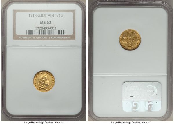 Lot 32469 > George I gold 1/4 Guinea 1718 MS62 NGC, KM555, S-3638. The first year for this relatively short-lived fractional gold denomination, which though usually rather common, approaches serious conditional scarcity when found so close to choice. 