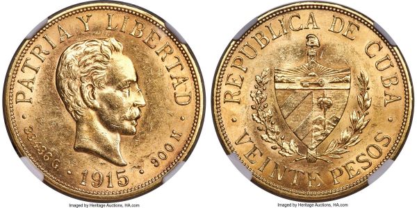 Lot 30247 > Republic gold 20 Pesos 1915 MS61 NGC, Philadelphia mint, KM21. A brilliant selection of the type, highly collectible in Mint State condition. 