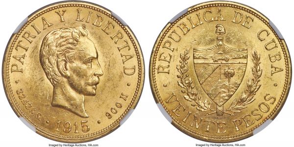 Lot 30248 > Republic gold 20 Pesos 1915 MS61 NGC, Philadelphia mint, KM21. Brightly lustrous, with deep orange-gold surfaces. 