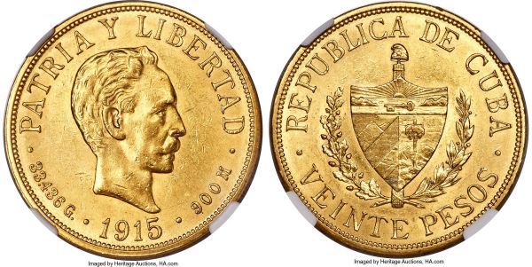 Lot 30249 > Republic gold 20 Pesos 1915 MS60 NGC, Philadelphia mint, KM21. A fully lustrous selection, lightly bagmarked in line with its grade yet seemingly worthy of an even higher certification.