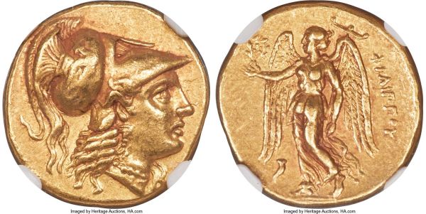 Lot 30025 > MACEDONIAN KINGDOM. Philip III Arrhidaeus (323-317 BC). AV stater (17mm, 8.54 gm, 12h). NGC Choice XF 5/5 - 5/5, Fine Style. Magnesia ad Maeandrum, ca. 323-319 BC. Head of Athena right, wearing earring, necklace and triple-crested Corinthian helmet with long divergent crest ties pushed back on head, the bowl decorated with griffin leaping right, hair falling loose in waves and over left shoulder / ΦΙΛΙΠΠΟY, Nike standing left, wreath in outstretched right hand, stylis cradled in left arm; cornucopia below wing in left field. Price P59. Apparently quite rare - no examples in sales archives.