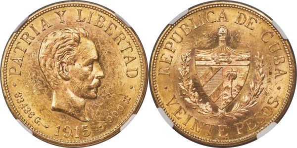 Lot 30250 > Republic gold 20 Pesos 1915 MS60 NGC, Philadelphia mint, KM21. Some more significant abrasions prevent this piece from attaining a higher certified grade, yet for the most part its surfaces are pleasing with abundant mint luster. 