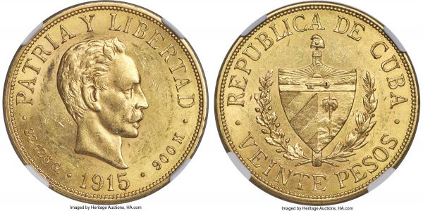 Lot 30251 > Republic gold 20 Pesos 1915 AU58 NGC, Philadelphia mint, KM21. Lustrous and satiny, a near-lack of any discernible wear placing the offering at the cusp of Mint State. AGW 0.9675 oz.
