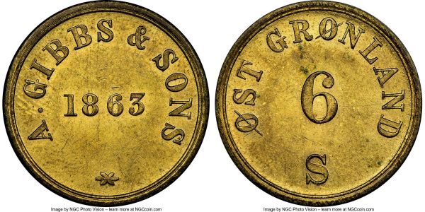 Lot 32541 > Ostgronland. A. Gibbs & Sons brass 6 Skilling Token 1863 MS64 NGC, KM-Tn12, Sieg-9. A very rare token to find both free of corrosion and so nearly gem, and likely among the finest certified. 