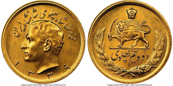 Lot 32587 > Muhammad Reza Pahlavi gold 2-1/2 Pahlavi SH 1339 (1960) MS65 NGC, KM1163. Mintage: 1,682. The second lowest mintage date in the series with only 2 specimens certified finer between NGC and PCGS combined. 