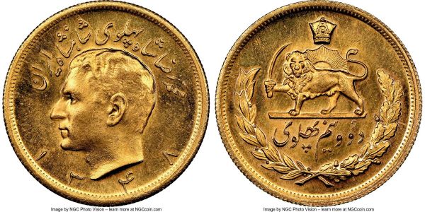 Lot 32588 > Muhammad Reza Pahlavi gold 2-1/2 Pahlavi SH 1348 (1969) MS65 NGC, KM1163. AGW 0.5885 oz. 