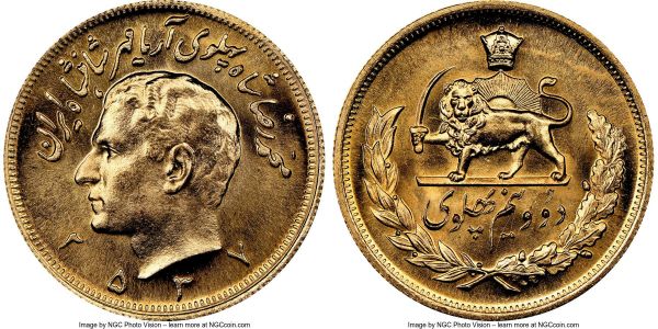 Lot 32590 > Muhammad Reza Pahlavi gold 2-1/2 Pahlavi MS 2537 (1978) MS66+ NGC, KM1201. AGW 0.5885 oz. 