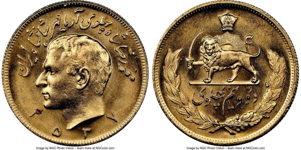 Lot 32591 > Muhammad Reza Pahlavi gold 2-1/2 Pahlavi MS 2537 (1978) MS66 NGC, KM1201. AGW 0.5885 oz. 