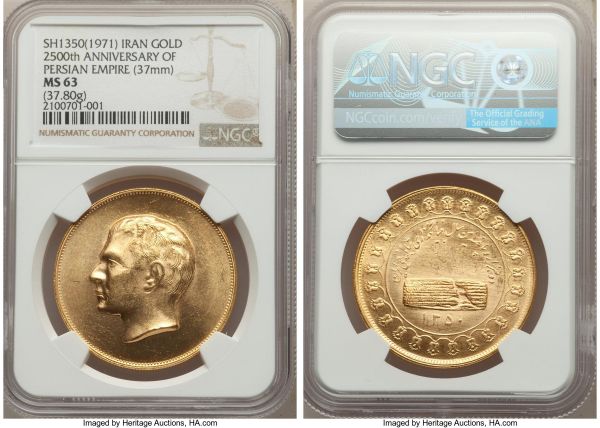 Lot 32596 > Muhammad Reza Pahlavi gold Medal of 5 Pahlavi SH 1350 (1971) MS63 NGC, 37mm. 37.80gm. Commemorating the 2500th anniversary of the Persian monarchy. AGW 1.098 oz. 