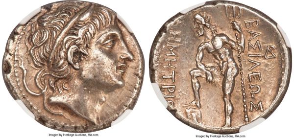 Lot 30026 > MACEDONIAN KINGDOM. Demetrius I Poliorcetes (306-283 BC). AR tetradrachm (28mm, 17.12 gm, 5h). NGC AU 5/5 - 4/5. Amphipolis, 289-288 BC. Diademed head of Demetrius I right, with bull's horn / BAΣIΛEΩΣ / ΔHMHTPIOY, Poseidon, nude, standing left, grounded trident in left hand, leaning with right arm on leg with right foot on rock; EYΦ monogram in outer left field, ΔP monogram in outer right field. Newell 124. HCG 3, 1014b.