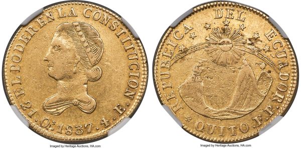 Lot 30260 > Republic gold 4 Escudos 1837 QUITO-FP XF45 NGC, Quito mint, KM19. An impressive example of this popular issue so often found in lower quality, nearly every hair intact on the obverse portrait. A touch of luster remains around the perimeter, highlighting the legends against a touch of coppery tone.
