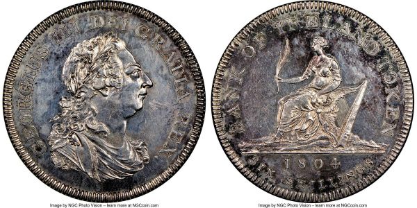 Lot 32601 > George III Proof Bank Token of 6 Shillings 1804 PR60 NGC, KM-Tn1. Expressing some scattered handling in line with the grade, together with a mottling of sapphire tones at the edges. 