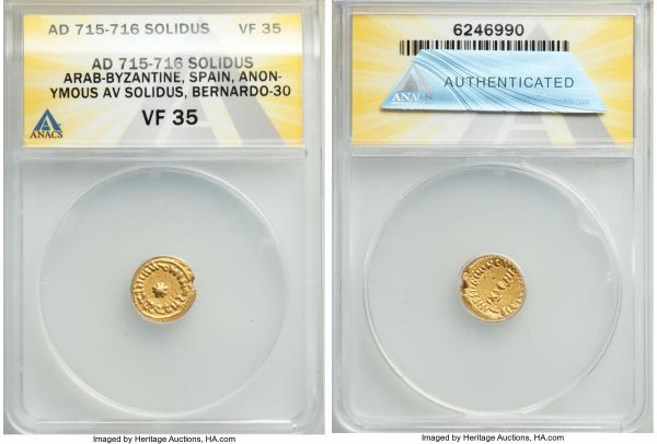 Lot 32604 > Arab-Byzantine. temp. al-Walid I (AH 86-96 / AD 705-715) gold Solidus Indictional Year 11 (AH 94 / AD 712/3) VF35 ANACS,  Uncertain Spanish mint (likely al-Qayrawan), A-122 (RR), ICV-139, Bernardi-30 (R). IN ∂ ƧNƧ ∂ ƧƧ ƮƧ III N N ∂N, Truncated and garbled legend, likely intended to be In nomine domini non Deus nisi Deus solus non Deus Alius Similis in abbreviated form, around 8-pointed star / IN SSIIAININ CIIN [...] ЄIRT, Truncated and garbled legend, likely intended to be Hic solidus feritus in Spania XCIIII in abbreviated form, around IN∂C XI; marks of contraction above. Well struck with good centering on a remarkably regular flan for the type. 