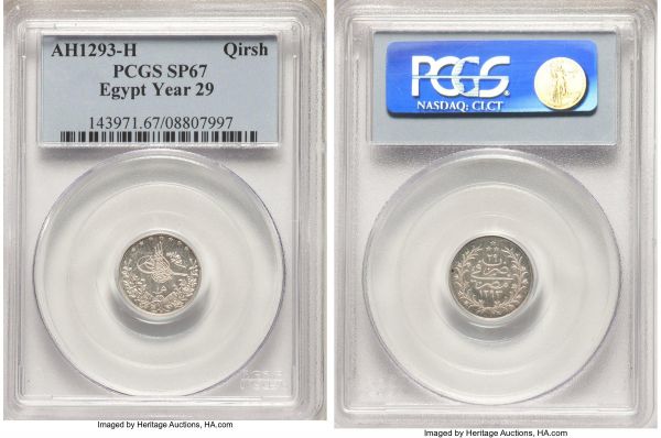 Lot 32608 > Ottoman Empire. Abdul Hamid II Specimen Qirsh AH 1293 Year 29 (1904/1905)-H SP67 PCGS, Misr mint (in Egypt), KM292. Struck from dies engraved in Birmingham. Fairly common in lower grades, the type is rarely if ever encountered this fine, especially so appealing with frosty devices and needle-sharp detail.