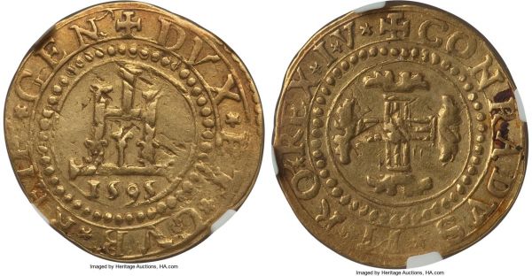 Lot 32613 > Genoa. Biennial Doges gold Overstruck Doppia 1595 XF45 NGC, Fr-149, MIR-205/26 (R). 6.65gm. Expressing appealing centering with nearly the full outer border visible on the reverse, which is quite exceptional for the issue. All the more intriguing is that the present specimen appears to be overstruck on a Spanish 2 Escudos, almost certainly of Philip II (the first Spanish monarch to strike 2 Escudos), and likely from the mint of Valladolid, based on the clover-like shape in the angles of the underlying cross (cf. Cal-Type 64). Extremely rare as such, possibly one of just a handful of known examples.  Ex. Coin Galleries April 2007 Auction (Lot 5447)