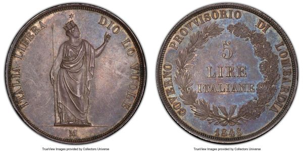 Lot 32614 > Lombardy-Venetia. Republic 5 Lire 1848-M MS63 PCGS, Milan mint, KM-C22.1. Short stems variety. Notably medallic in finish due to needle-sharp execution to the devices, and displaying a rich plumb hue. 