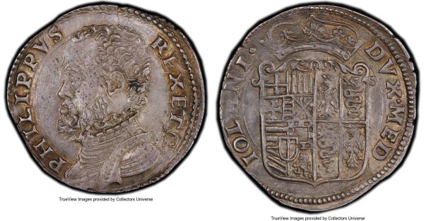 Lot 32615 > Milan. Philip II of Spain 20 Soldi ND (1556-1558) MS62 PCGS, MIR-320/2 (RR). Notably elusive both as a type and in Mint State, both the peripheral and central features of the design fully struck-up with little of the usual annealing flaws in the surfaces. 