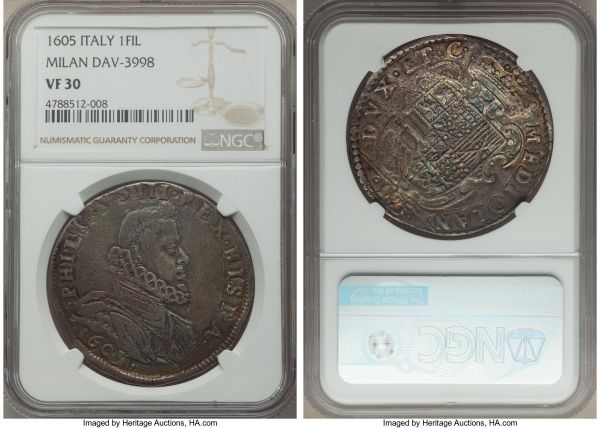 Lot 32616 > Milan. Philip III of Spain Filippo (100 Soldi) 1605 VF30 NGC, Milan mint, KM13, Dav-3998. Handsomely struck and centered on a fully round flan free of serious defects. Some traces of iridescent color have begun to develop in the recessed portions of the design, adding yet a further depth to the coin's eye appeal. 