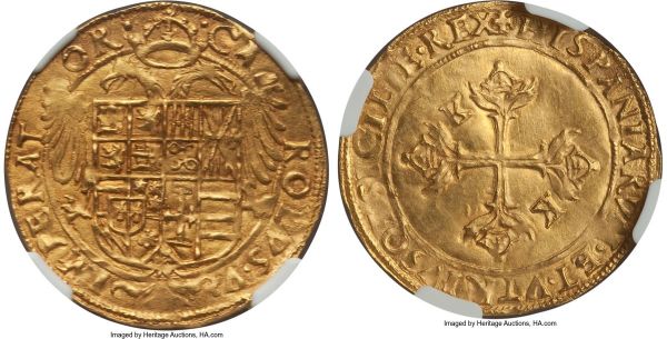 Lot 32617 > Naples & Sicily. Charles V gold Scudo d'Oro ND (1519-1556) MS62 NGC, Naples mint, Fr-835, cf. MIR-132 (unlisted with K in angles, different reverse legend). 3.35gm. • CA | ROLVS • V | IMPERAT | OR •, coat of arms over crowned double-headed eagle / +HISPANIARVM • ET • VTRIVSQ SICILIE • REX, floriate cross with K in first and fourth angles. A very handsome striking of this imperial issue, showcasing an even and well-centered strike.