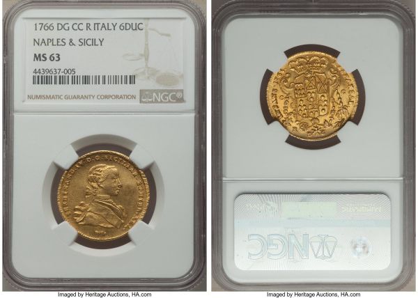 Lot 32619 > Naples & Sicily. Ferdinand IV gold 6 Ducati 1766 DG-CCR MS63 NGC, Naples mint, KM167, Fr-846. Minorly adjusted across the king's bust, though otherwise considerably satiny and strongly eye-appealing. 